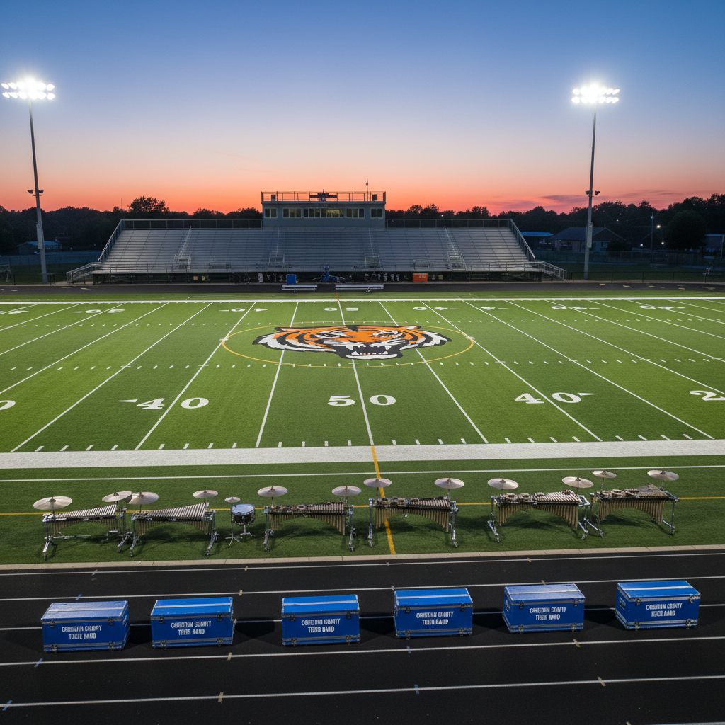 An elevated, wide photographic view of a high school football stadium at dusk, with the field’s bright white yard lines and bold midfield tiger logo in sharp focus. On the home sideline, an orderly row of empty music stands, gleaming silver percussion racks, and neatly placed royal-blue band equipment cases stretches along the track, hinting at an upcoming Christian County Tiger Band rehearsal. Stadium lights cast a crisp, cool glow across the turf, while the sky transitions from warm orange near the horizon to deep blue above. The metal bleachers and press box recede into a soft background. The composition follows the rule of thirds, with the equipment aligned along the lower third, creating a professional, anticipatory, and organized atmosphere suitable for a calendar or events page.