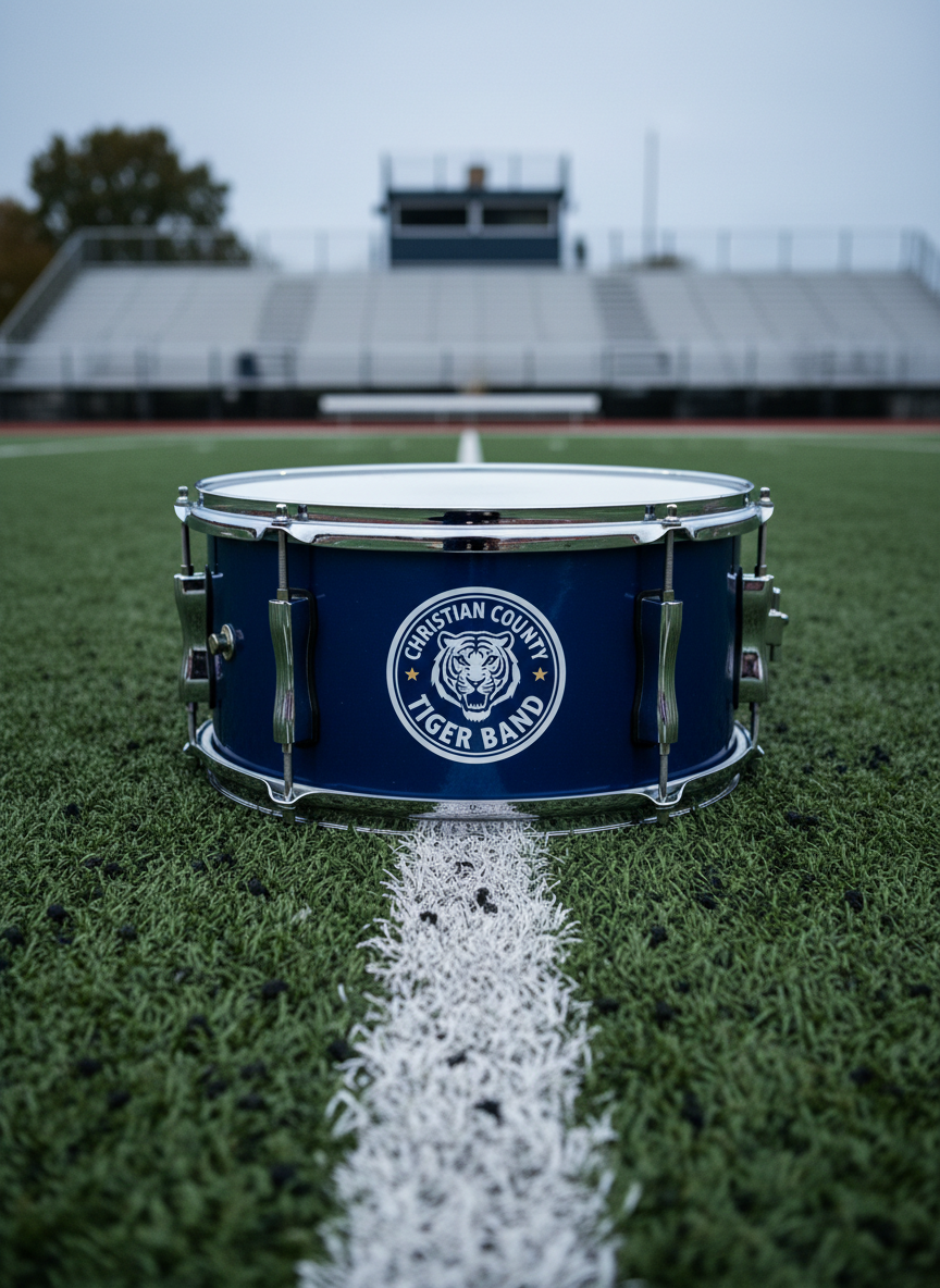 A close-up, photographic view of a deep royal-blue marching snare drum with chrome hardware and pristine white drumhead, resting neatly on a white yard line of a high school football field. The Christian County Tiger Band logo is clearly printed on the side shell in sharp detail. Finely trimmed green turf fibers surround the drum, with scattered tiny rubber infill pellets visible. Cool, diffused overcast light from an early fall evening evenly illuminates the scene, reducing harsh shadows and emphasizing texture in the drum’s finish and the turf. The background softly falls out of focus into empty aluminum bleachers and a faint press box silhouette. Shot from a low, slightly angled perspective, the composition is clean and centered, giving a professional, disciplined mood appropriate for a band’s news or announcements section.