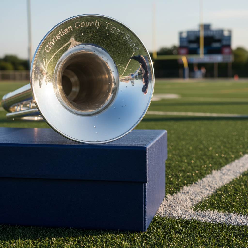 A dramatic, close-up photographic detail of a gleaming silver marching baritone’s bell reflecting the green turf and faint stadium lines, with the engraved words “Christian County Tiger Band” visible along the rim. Tiny water droplets from a recent cleaning cling to the instrument’s smooth surface. The baritone rests on a rich, dark royal-blue shako box with subtle texture, placed just off a crisp white hash mark on the field. Late afternoon sunlight creates strong directional lighting, producing bright highlights along the bell and soft bokeh in the distant goalpost and scoreboard. Shot from an extremely low, near-ground perspective with shallow depth of field, the image feels bold, dignified, and performance-ready, perfect for a photo gallery cover or promotional feature image while maintaining a professional, photographic style.