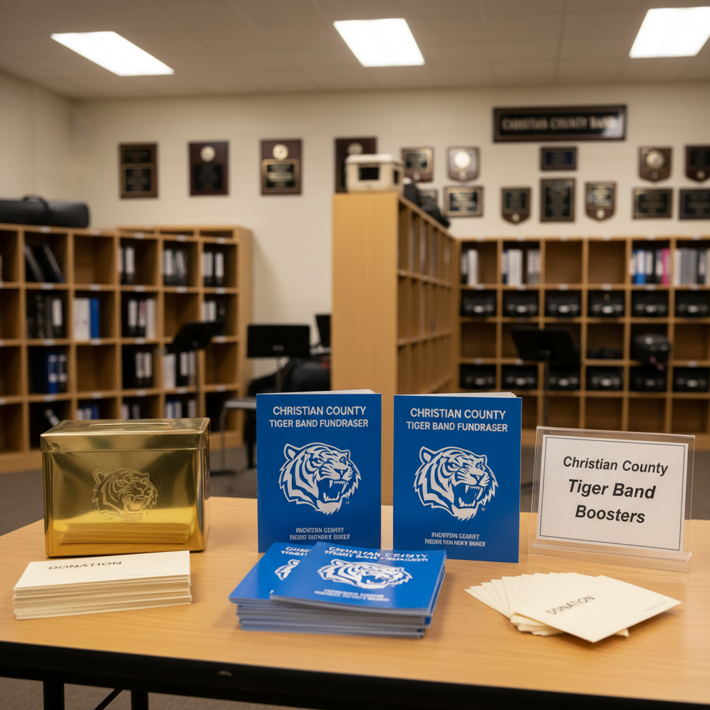 A meticulously arranged table in a high school band room, covered with neatly stacked royal-blue fundraising brochures, labeled envelopes, and a polished brass donation box engraved with a subtle tiger motif. Next to the materials sits a clear acrylic sign reading “Christian County Tiger Band Boosters” in modern, professional lettering. Behind the table, tall sheet-music cabinets, organized instrument storage cubbies, and framed band awards decorate the softly blurred background. Warm, indirect fluorescent lighting mixes with a touch of natural window light, creating even, neutral illumination without harsh glare. Photographed from a slightly elevated angle with moderate depth of field, the composition centers the booster materials while hinting at the broader band environment. The mood is organized, trustworthy, and community-focused, rendered in crisp photographic realism for a boosters or support-our-band webpage.
