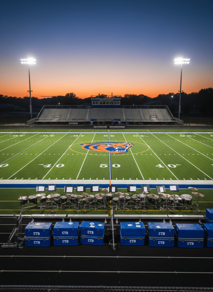 An elevated, wide photographic view of a high school football stadium at dusk, with the field’s bright white yard lines and bold midfield tiger logo in sharp focus. On the home sideline, an orderly row of empty music stands, gleaming silver percussion racks, and neatly placed royal-blue band equipment cases stretches along the track, hinting at an upcoming Christian County Tiger Band rehearsal. Stadium lights cast a crisp, cool glow across the turf, while the sky transitions from warm orange near the horizon to deep blue above. The metal bleachers and press box recede into a soft background. The composition follows the rule of thirds, with the equipment aligned along the lower third, creating a professional, anticipatory, and organized atmosphere suitable for a calendar or events page.