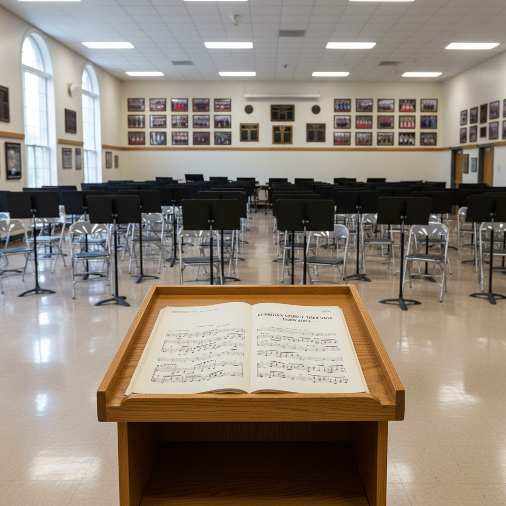 Inside a well-organized high school band room, a clean wooden conductor’s podium stands centered on a polished linoleum floor, facing rows of empty, black music stands and shiny metal chairs arranged with precision. On the podium rests an open, well-worn marching band score labeled “Christian County Tiger Band – Show Music,” its pages slightly curled. Natural daylight streams through high windows, combining with soft overhead fluorescent light to create balanced, neutral illumination with gentle shadows. Framed photos of past marching seasons and plaques adorn the rear wall in tasteful, blurred detail. Photographed at eye level with deep focus from podium toward the room, the composition leads the eye forward, conveying preparation, discipline, and tradition in a clear, professional photographic realism ideal for an “About the Program” or director’s message page.